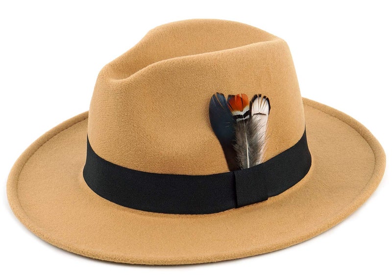 FADACHY Classic Fedora Hat for Men & Women Wide Brim Felt Hat Panama Dress Hat Camel Fedora, L Large XL - Image 1
